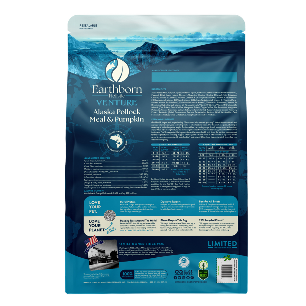 Earthborn Holistic Venture Grain Free Alaska Pollock Meal and Pumpkin Dry Dog Food