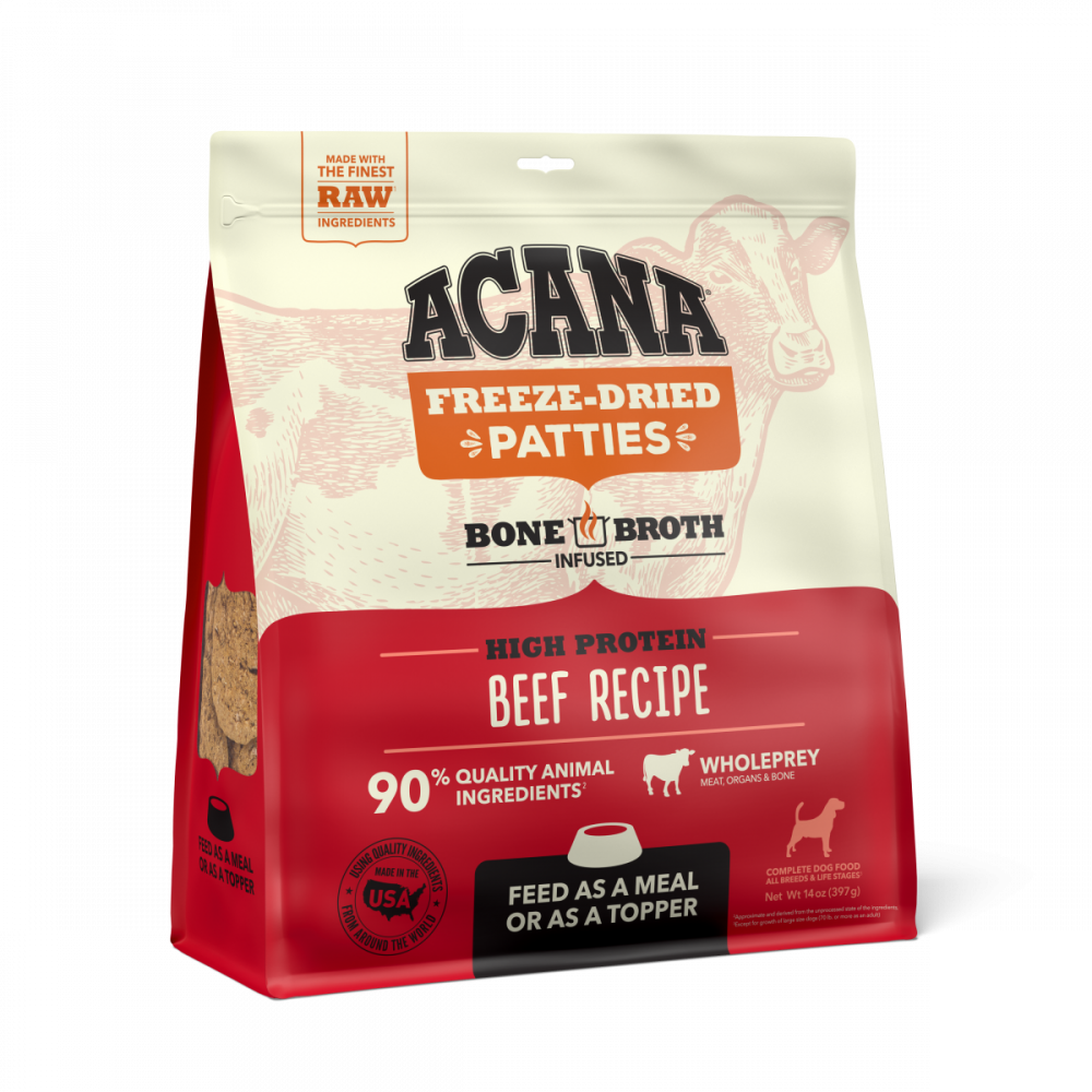 ACANA Freeze Dried Dog Food & Topper, Grain Free, High Protein, Fresh & Raw Animal Ingredients, Ranch Raised Beef Recipe, Patties