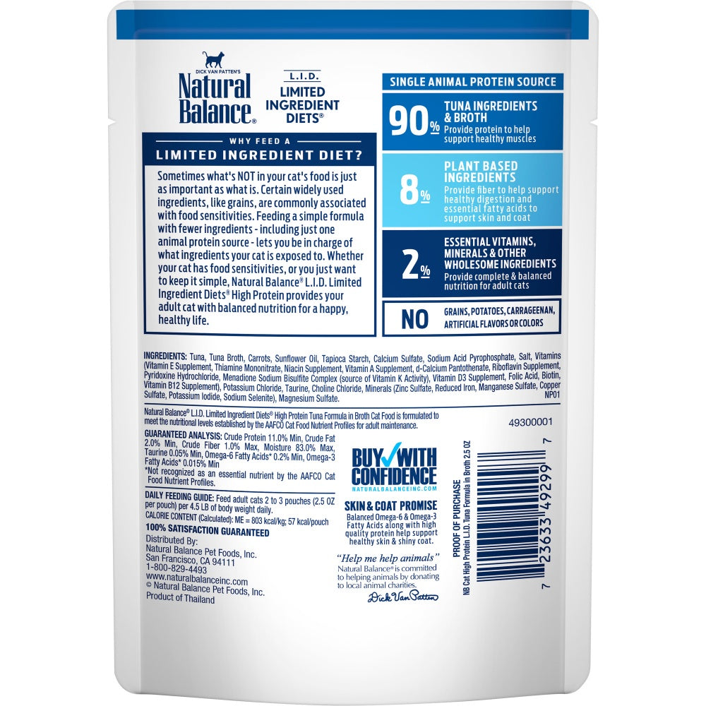 Natural Balance L.I.D. Limited Ingredient Diets High Protein Tuna in Broth Pouch Wet Cat Food