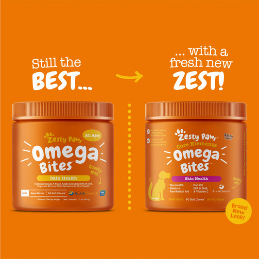Zesty Paws Omega 3 Soft Chews for Skin Health Premium Fish Oil with EPA & DHA Vitamin C Functional Bacon Flavor Dog Supplement