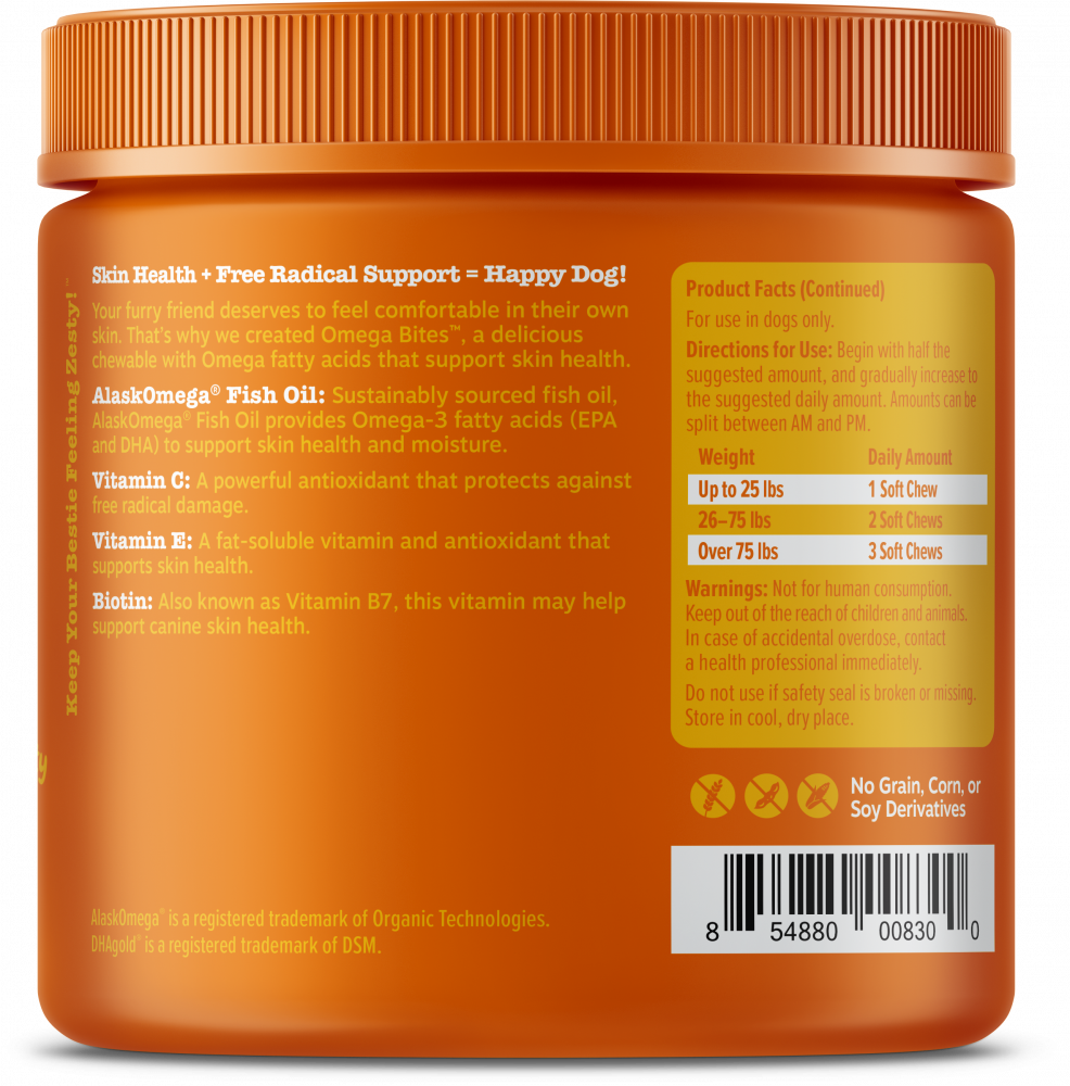 Zesty Paws Omega 3 Soft Chews for Skin Health Premium Fish Oil with EPA & DHA Vitamin C Functional Bacon Flavor Dog Supplement