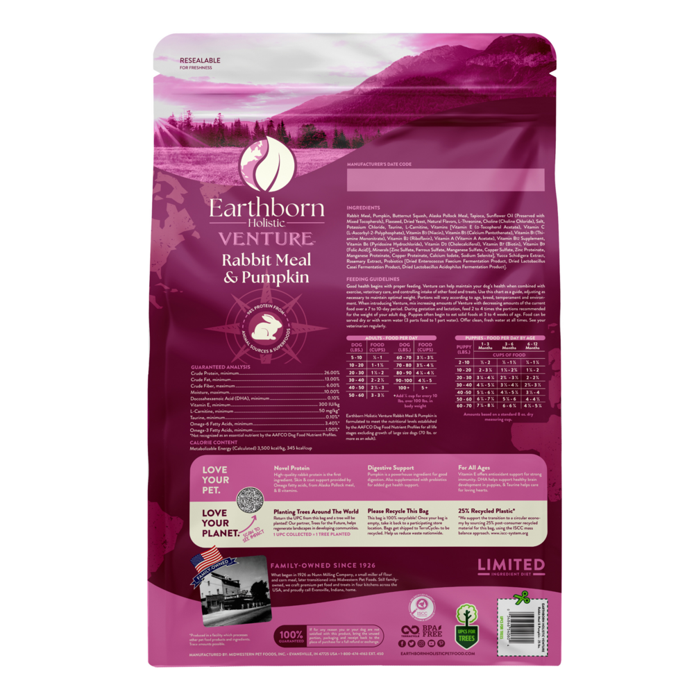 Earthborn Holistic Venture Limited ingredient Grain Free Rabbit Meal and Pumpkin Dry Dog Food