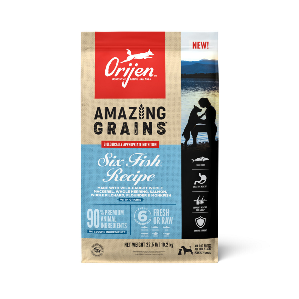 Orijen Amazing Grains Six Fish Dry Dog Food Mackerel, Herring, Salmon, Pilchard, Flounder & Monkfish