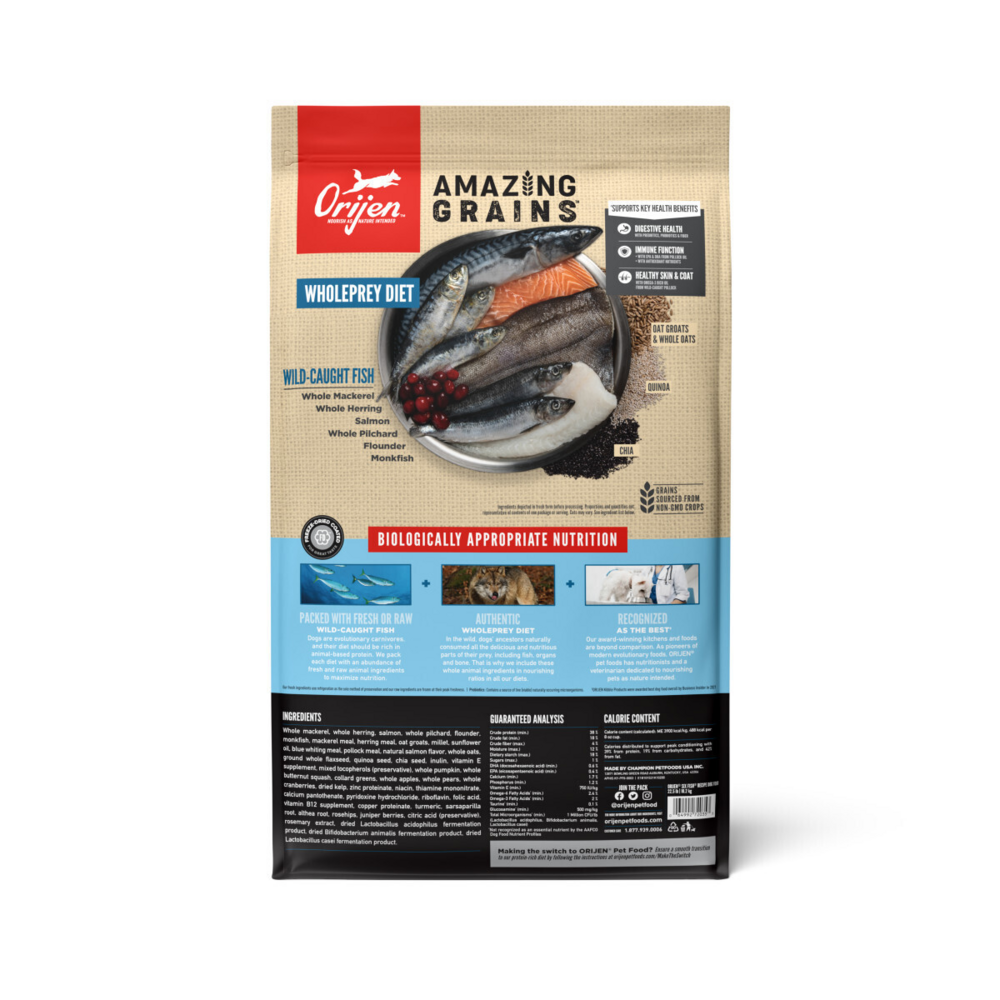 Orijen Amazing Grains Six Fish Dry Dog Food Mackerel, Herring, Salmon, Pilchard, Flounder & Monkfish