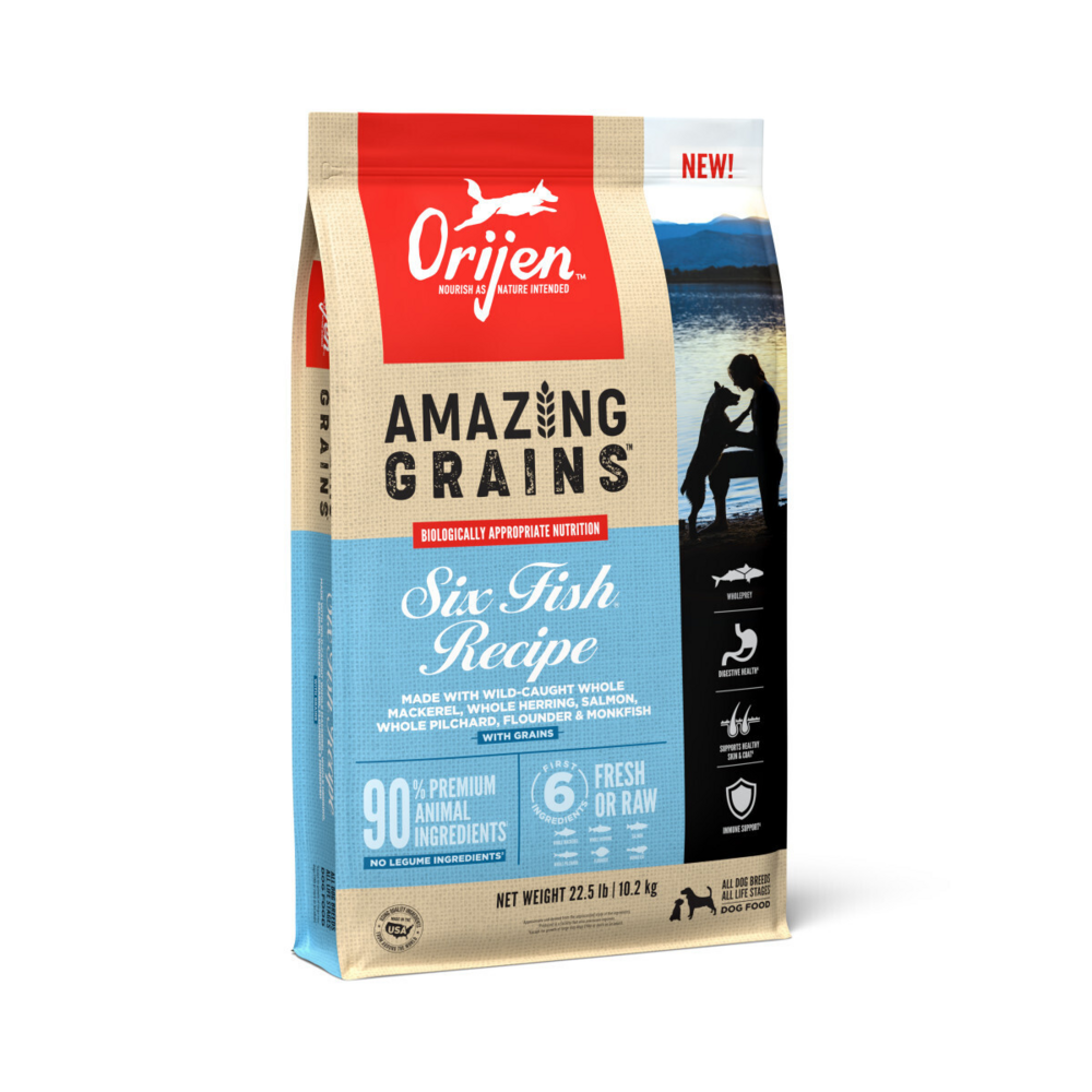 Orijen Amazing Grains Six Fish Dry Dog Food Mackerel, Herring, Salmon, Pilchard, Flounder & Monkfish