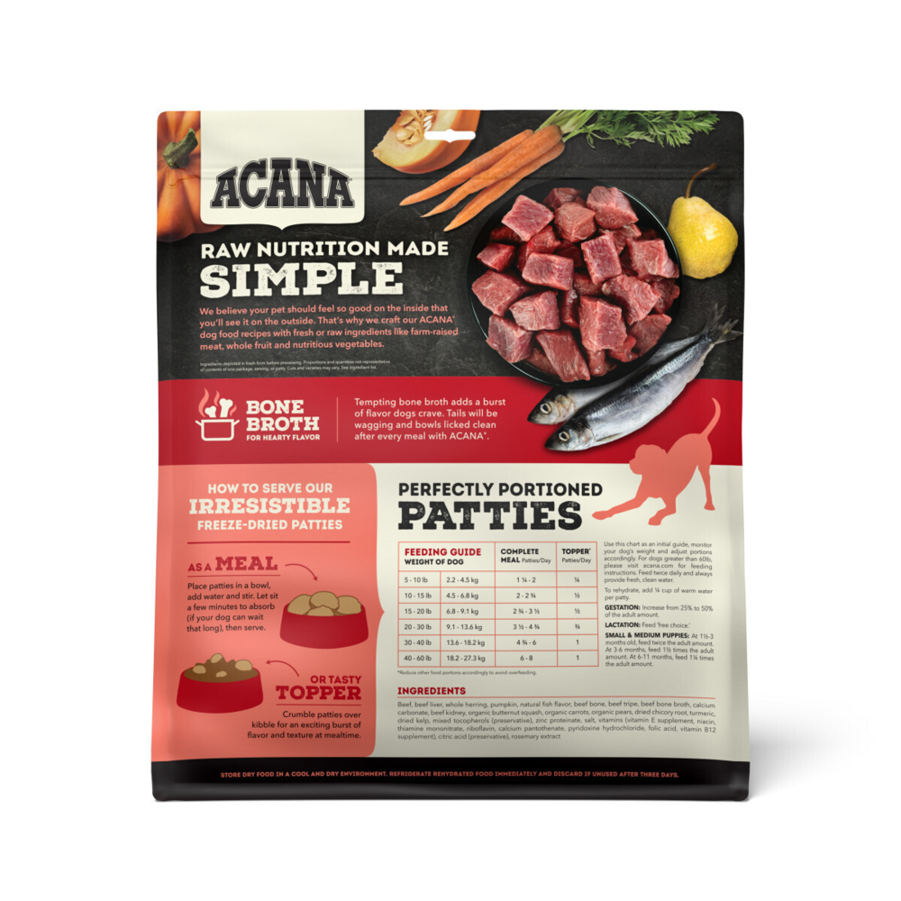 ACANA Freeze Dried Dog Food & Topper, Grain Free, High Protein,  Fresh & Raw Animal Ingredients, Ranch Raised Beef Recipe, Patties