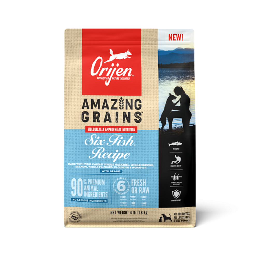 Orijen Amazing Grains Six Fish Dry Dog Food Mackerel, Herring, Salmon, Pilchard, Flounder & Monkfish