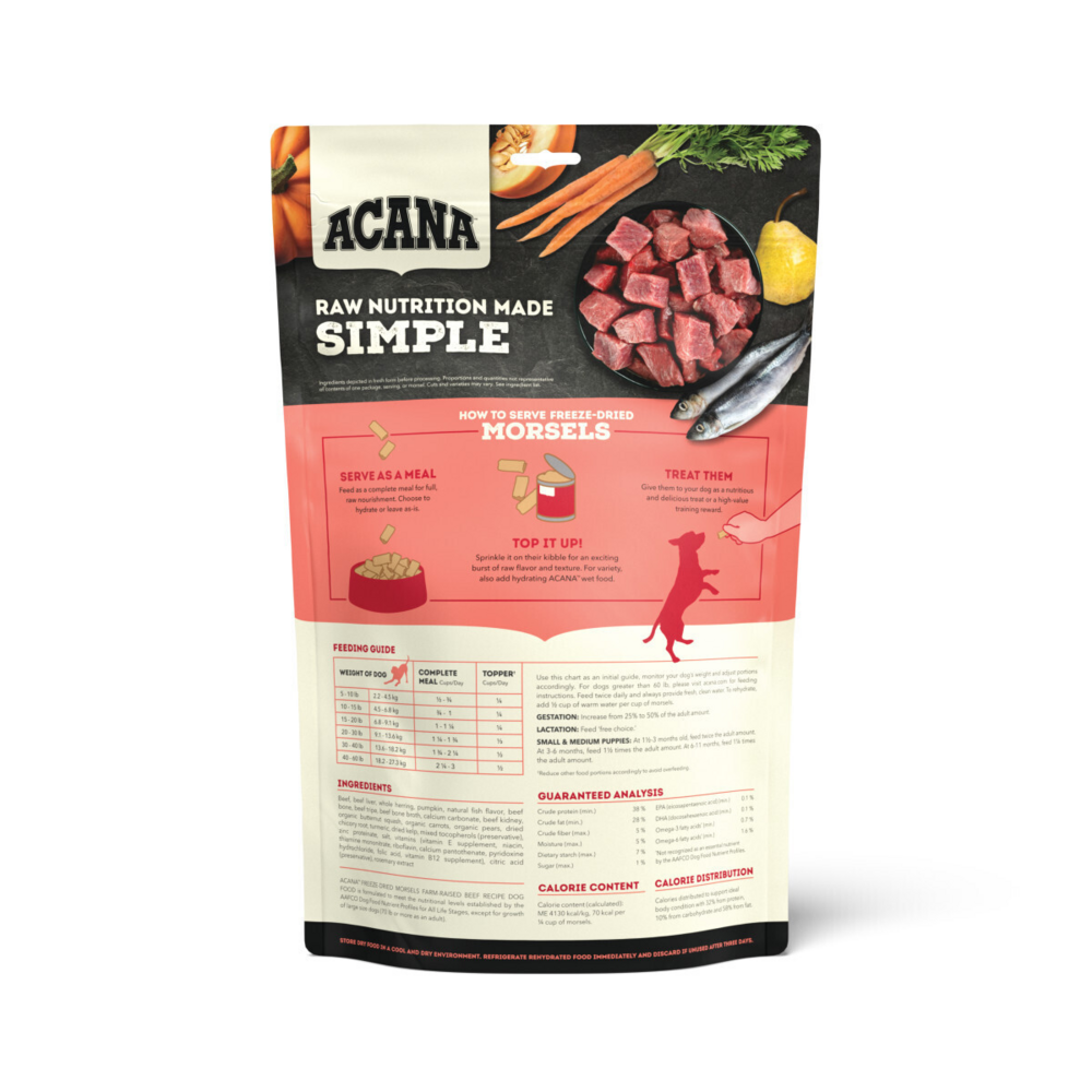 ACANA Freeze Dried Dog Food & Topper, Grain Free, High Protein,  Fresh & Raw Animal Ingredients, Ranch-Raised Beef Recipe, Morsels
