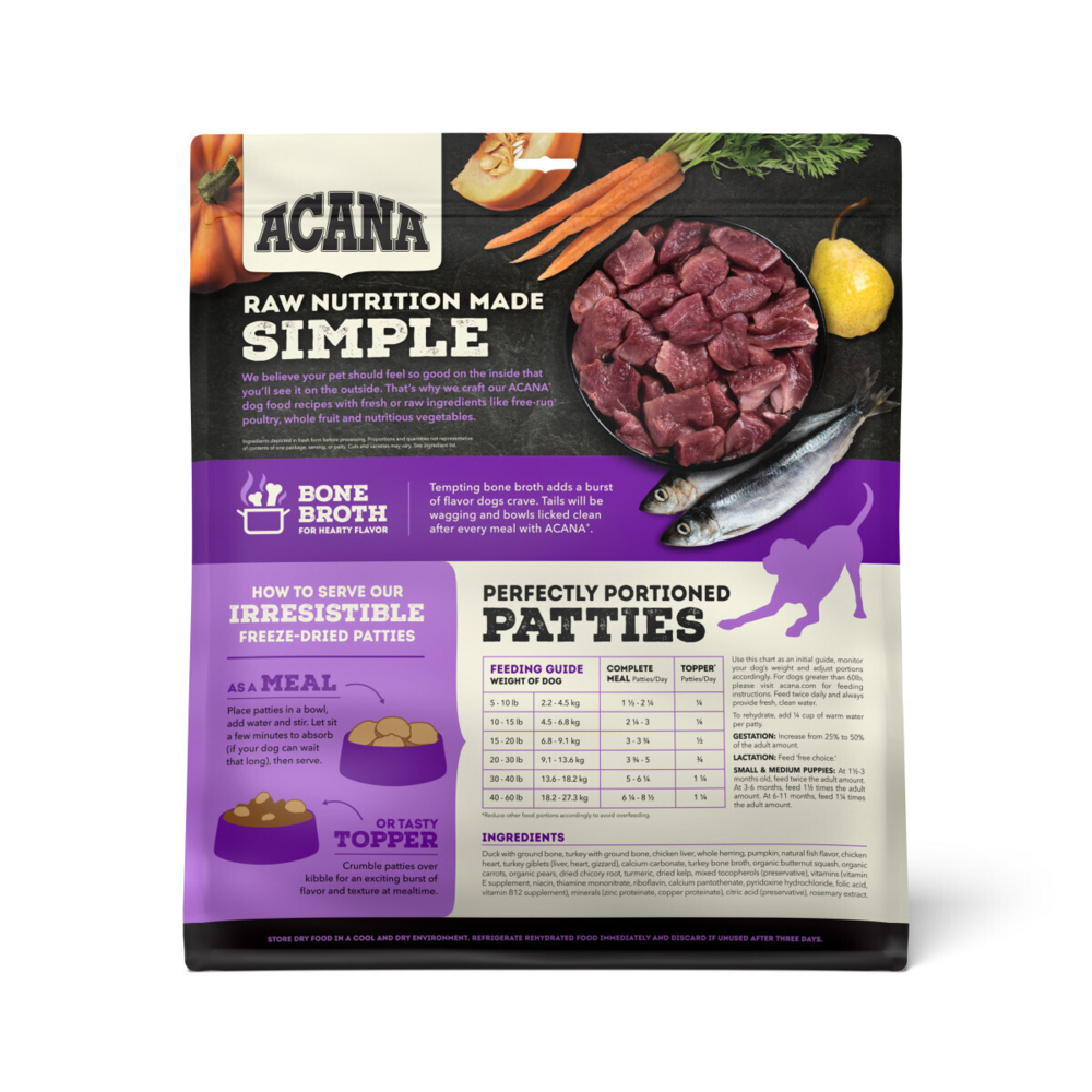 ACANA Freeze Dried Dog Food and Topper Grain Free High Protein Fresh and Raw Animal Ingredients Duck Recipe Patties