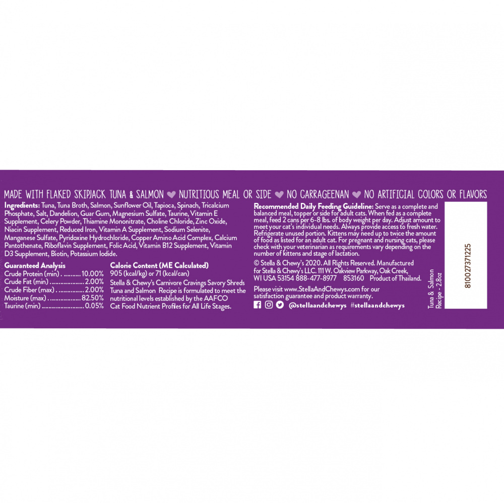 Stella & Chewy's Carnivore Cravings Savory Shreds Tuna & Salmon Dinner in Broth Wet Cat Food