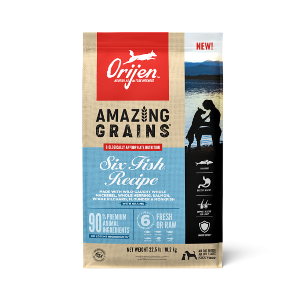 Orijen Amazing Grains Six Fish Dry Dog Food Mackerel, Herring, Salmon, Pilchard, Flounder & Monkfish
