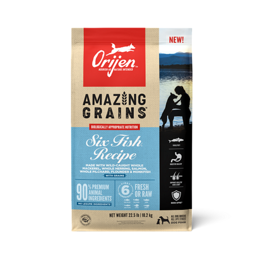 Orijen Amazing Grains Six Fish Dry Dog Food Mackerel, Herring, Salmon, Pilchard, Flounder & Monkfish