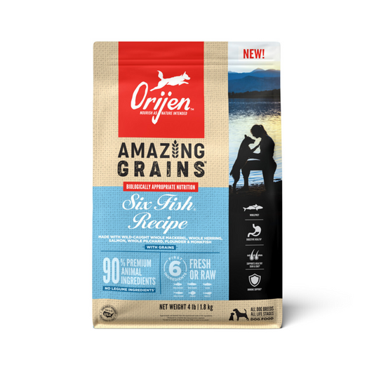 Orijen Amazing Grains Six Fish Dry Dog Food Mackerel, Herring, Salmon, Pilchard, Flounder & Monkfish