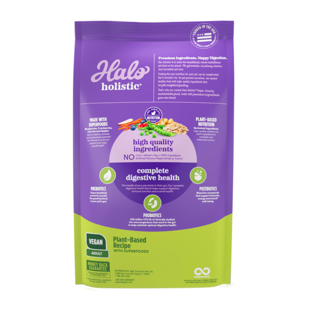 Halo Holistic Adult Dog Vegan Plant-Based Recipe with Superfoods Dry Dog Food