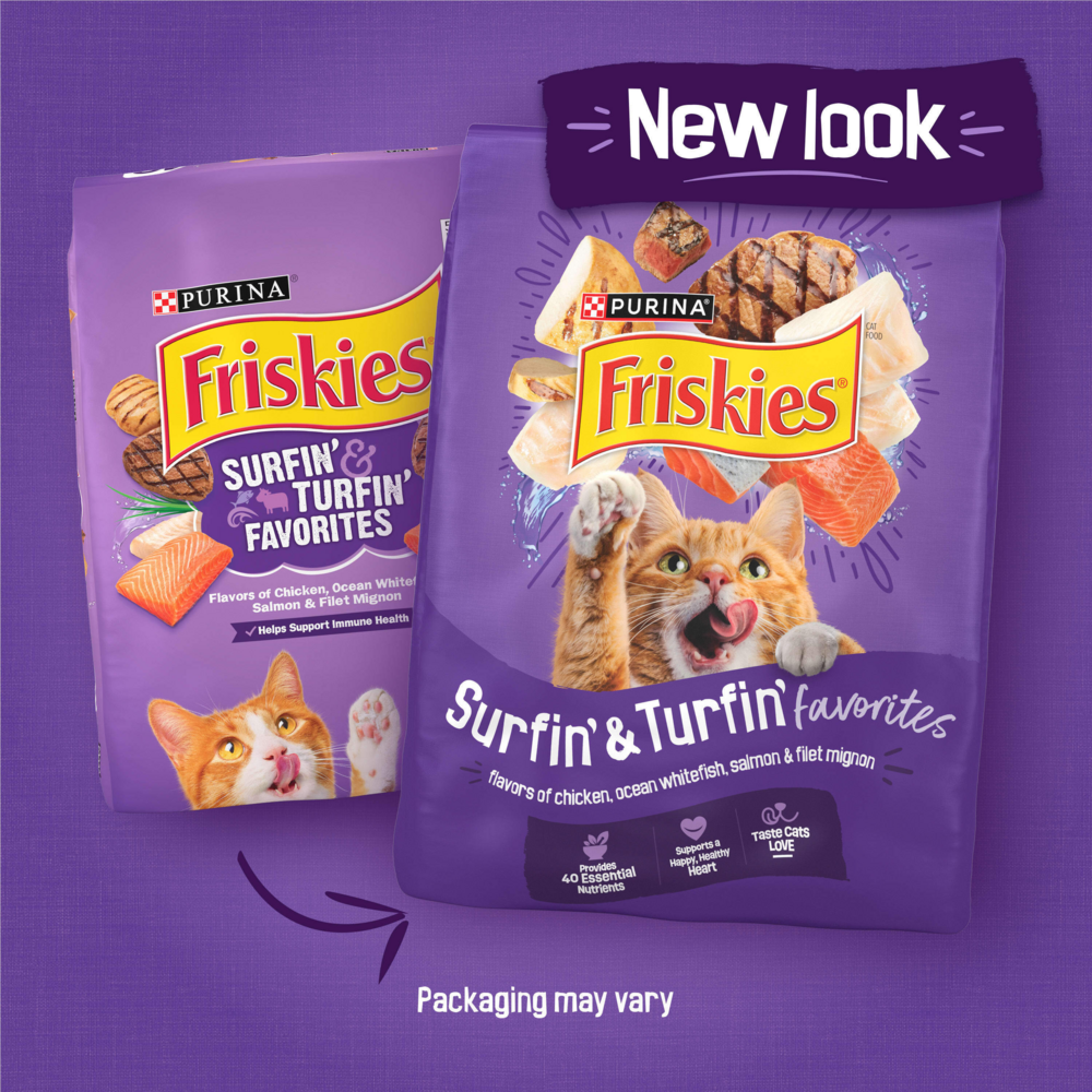 Purina Friskies Cat Food Surfin and Turfin Favorites Flavors of Chicken, Whitefish, Salmon and Filet Mignon Dry Cat Food