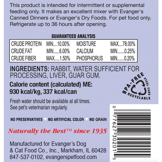 Evanger's Grain Free Rabbit Canned Dog and Cat Food