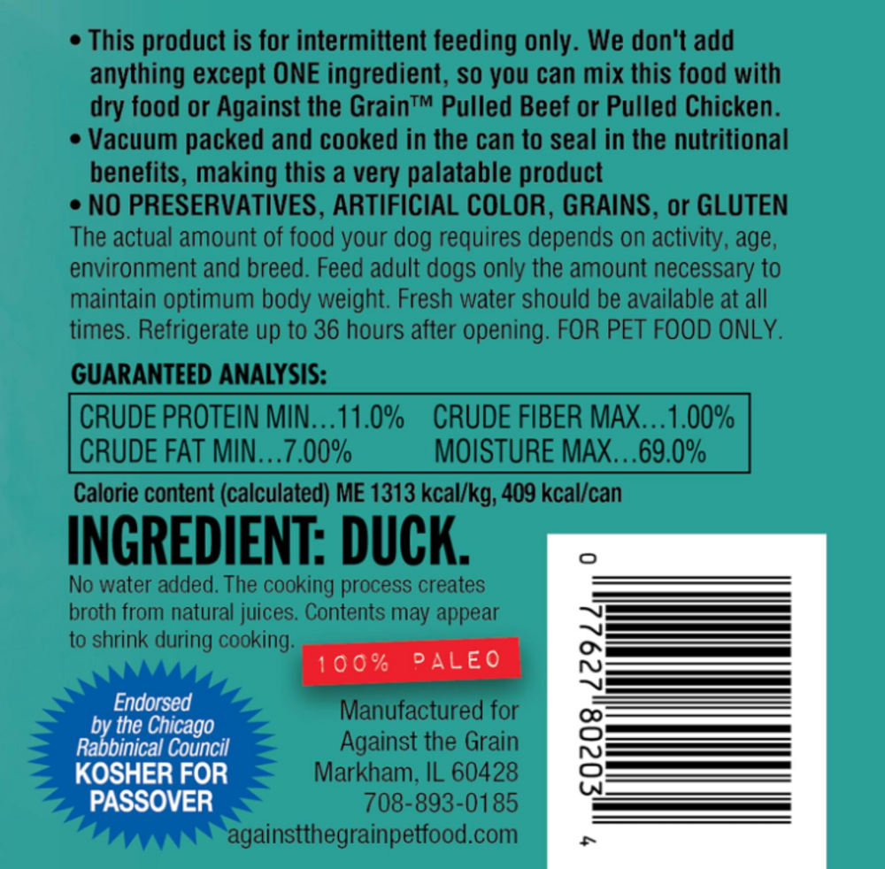 Against the Grain Nothing Else Grain Free One Ingredient 100% Duck Canned Dog Food