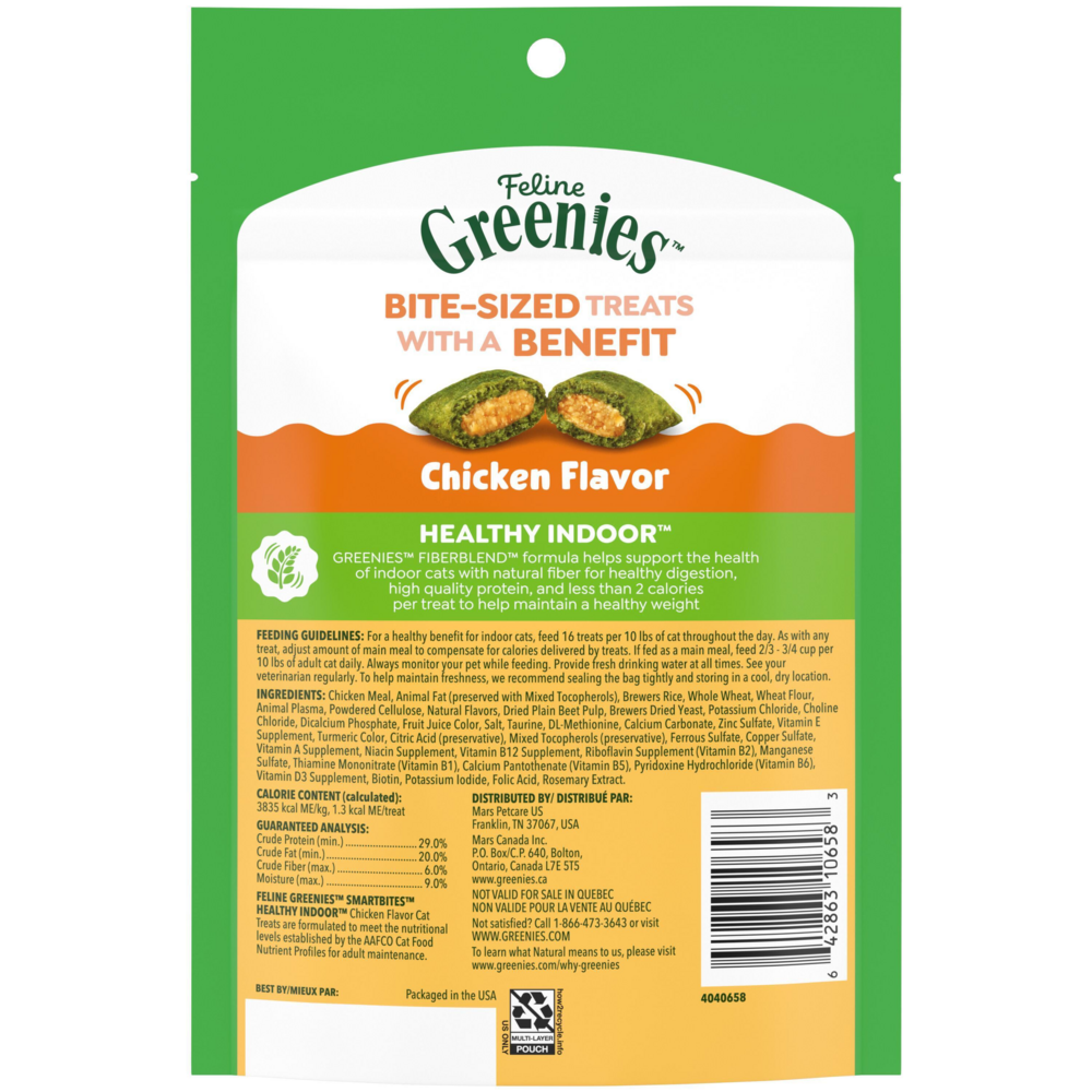 Greenies Feline SmartBites Healthy Indoor Natural Chicken Flavor Soft & Crunchy Adult Cat Treats
