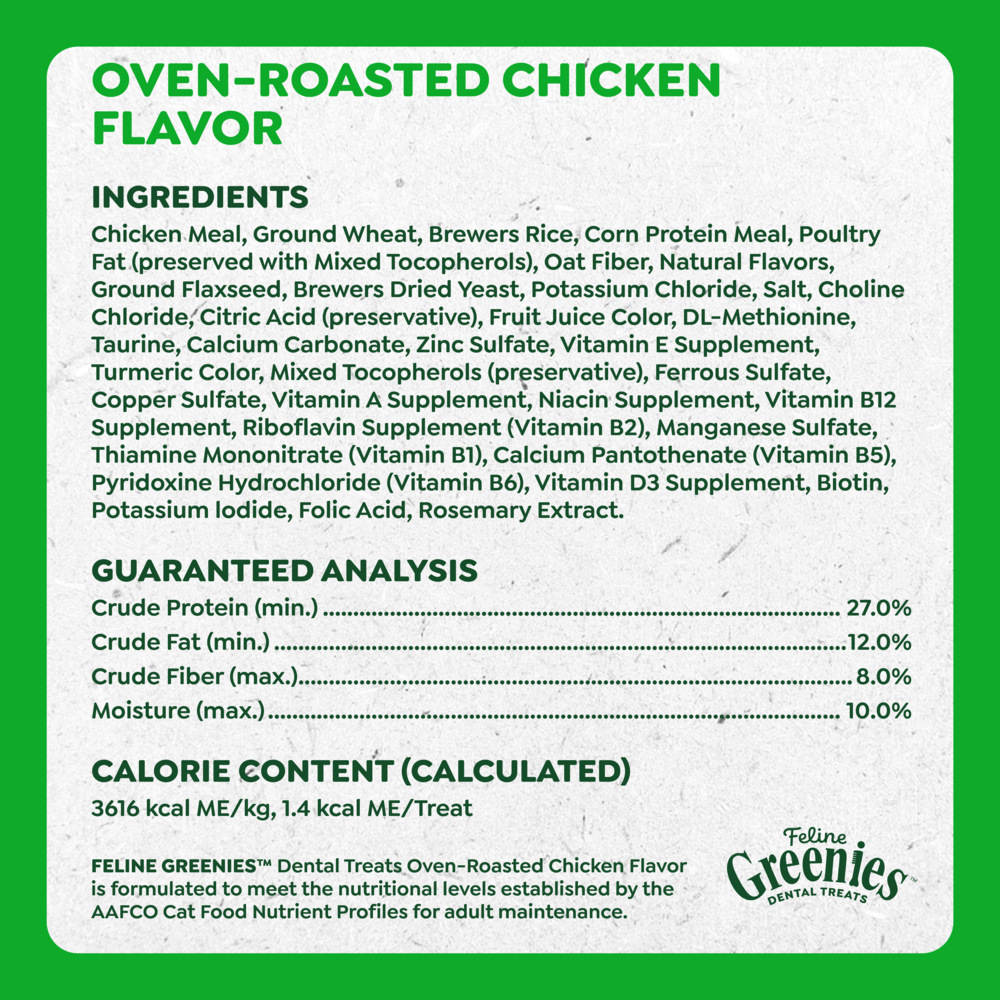Feline Greenies Adult Dental Oven Roasted Chicken Flavor Cat Treats