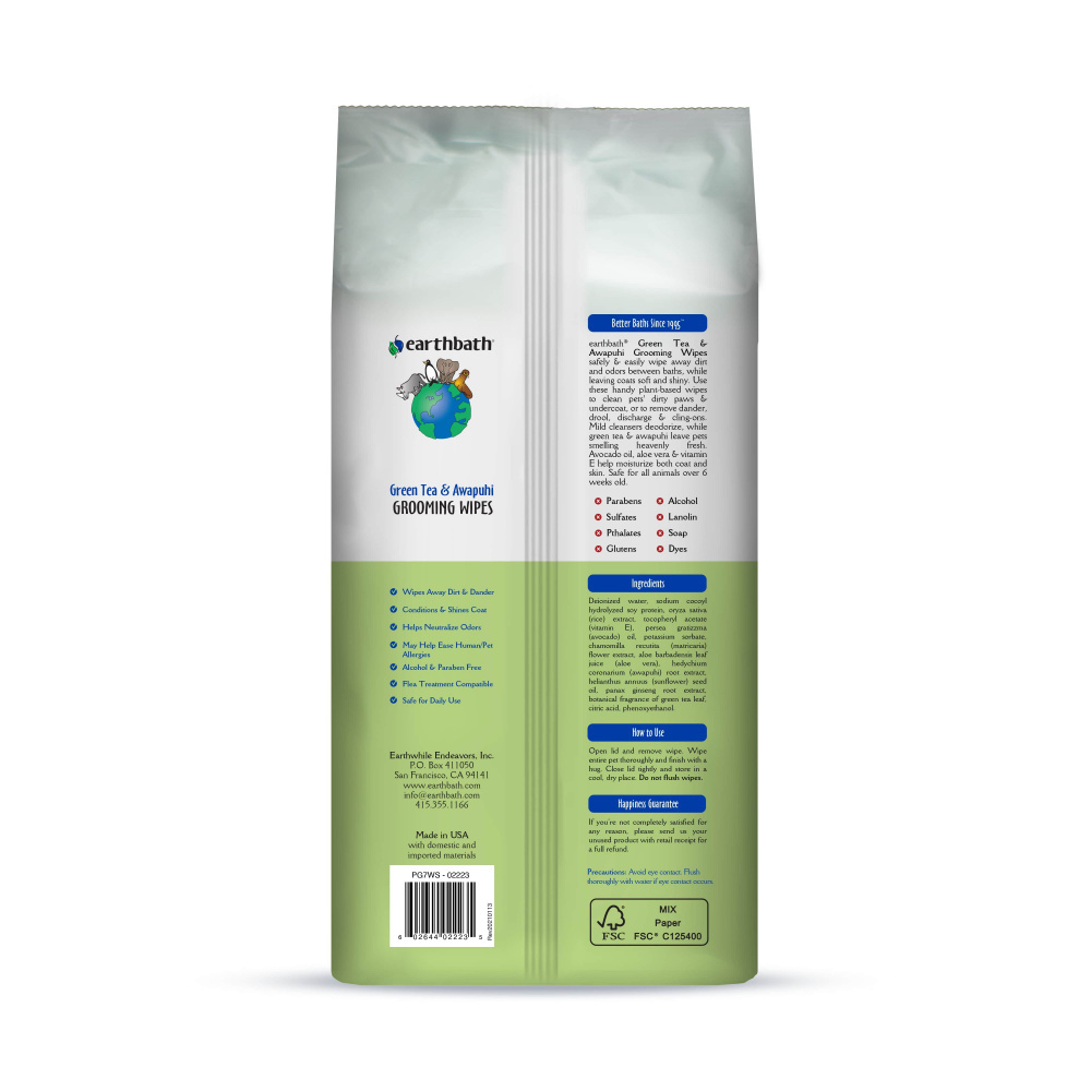 Earthbath Grooming  Cleans & Conditions Green Tea & Awapuhi Plant-Based Wipes