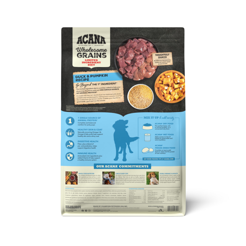 Acana Wholesome Grains, Duck & Pumpkin Recipe, Limited Ingredient Diet Dry Dog Food
