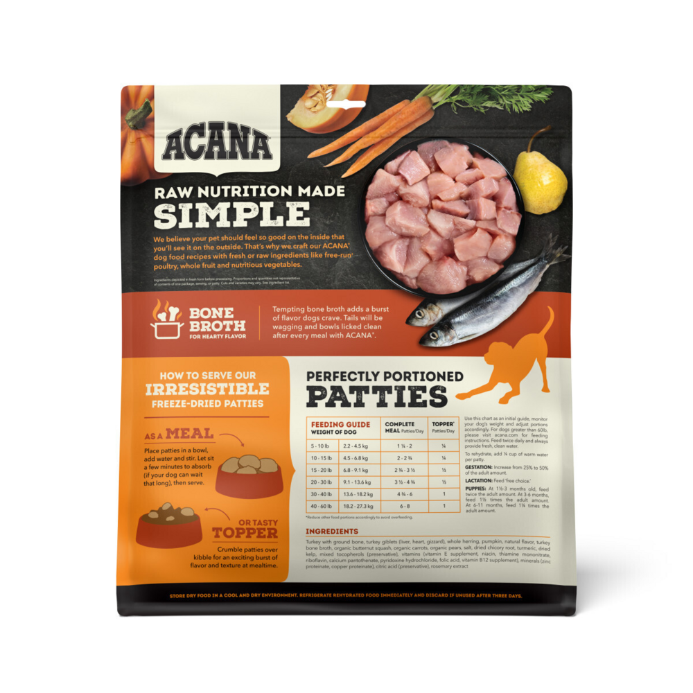 ACANA Freeze Dried Dog Food & Topper, Grain Free, High Protein,  Fresh & Raw Animal Ingredients, Free-Run Turkey Recipe, Patties