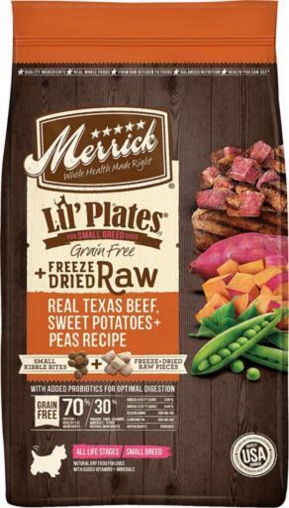 Merrick Lil Plates Small Breed Dog Food Grain Free Real Texas Beef & Sweet Potato with Raw Bites Recipe Small Dog Food