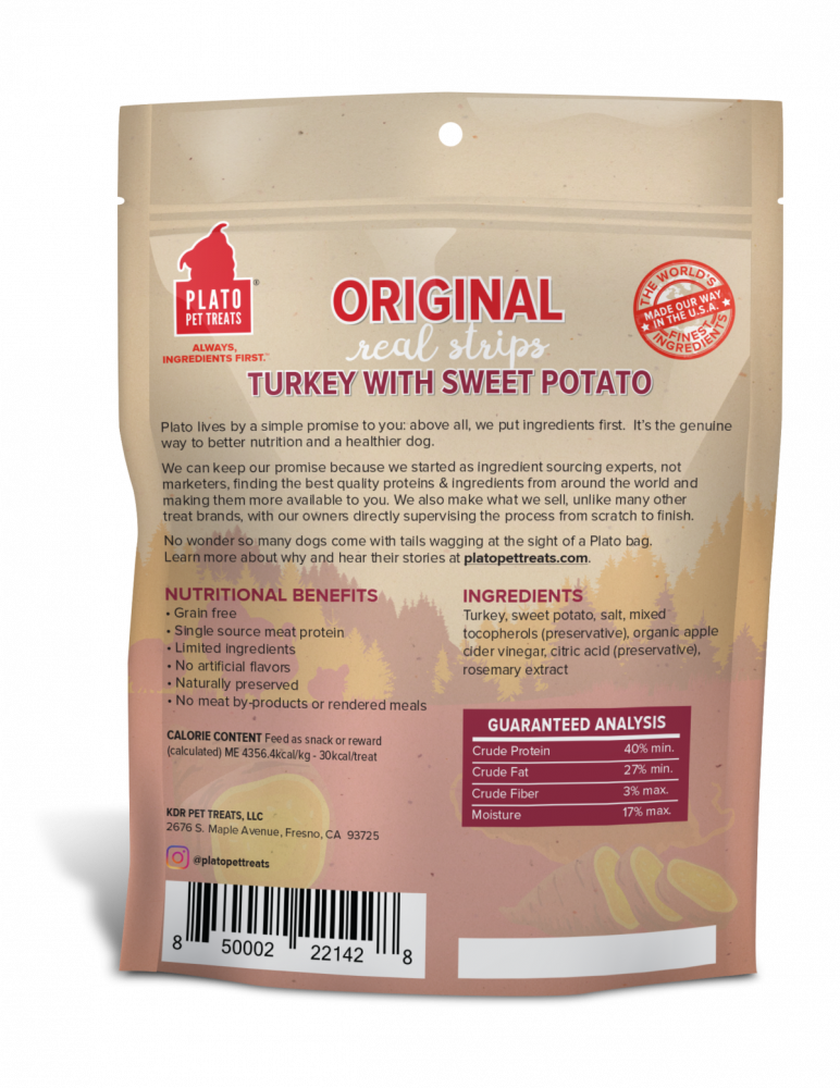 Plato Grain Free Real Strips Turkey With Sweet Potato Dog Treats