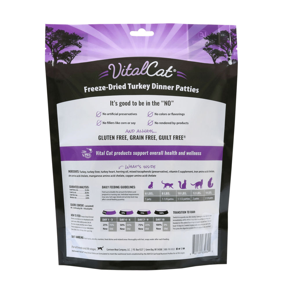 Vital Essentials Grain Free Turkey Dinner Patties Freeze Dried Raw Food for Cats