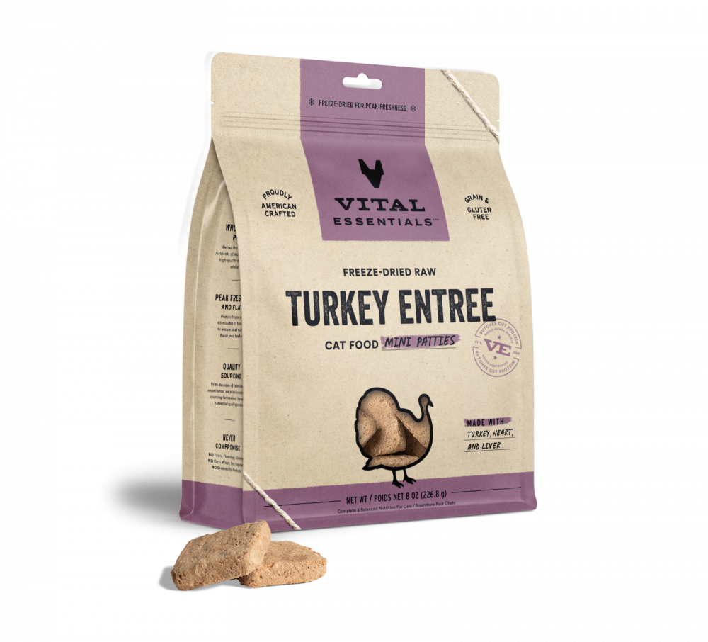 Vital Essentials Grain Free Turkey Dinner Patties Freeze Dried Raw Food for Cats