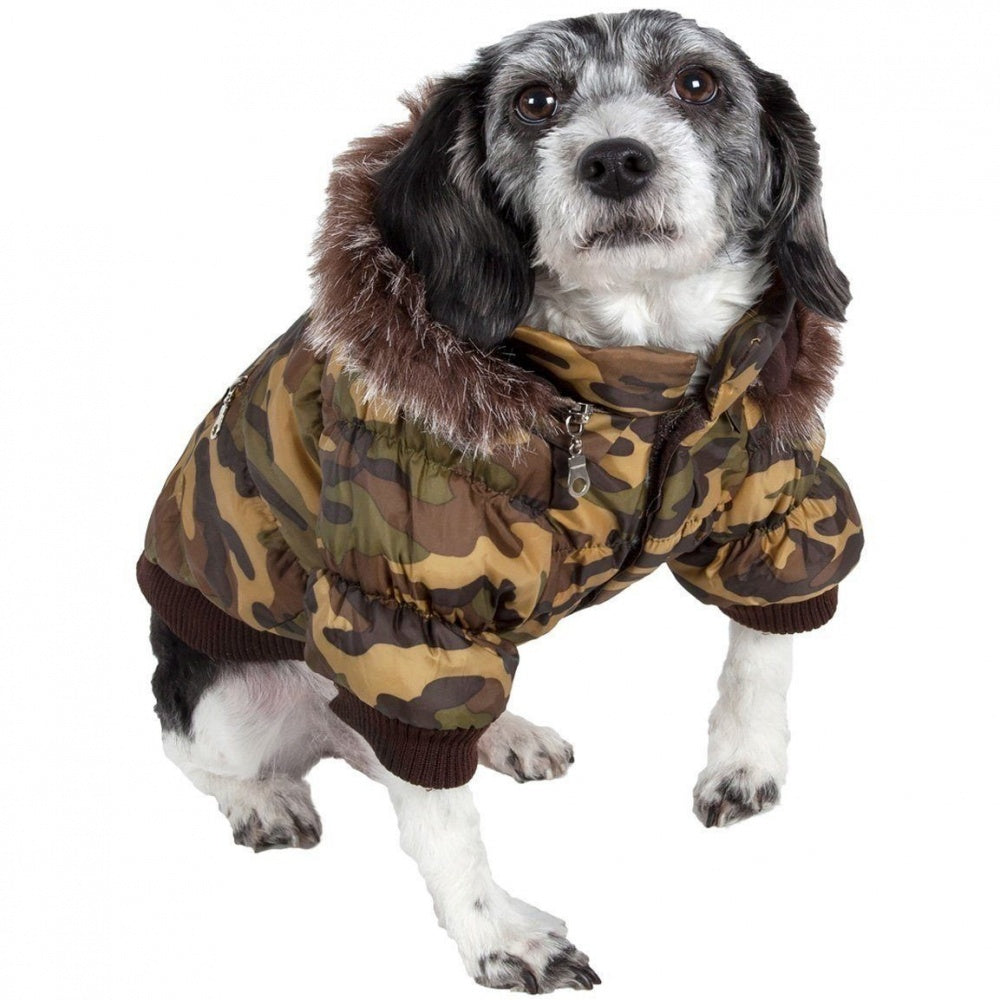 Pet Life Metallic Camouflage Fashion Parka Insulated Dog Coat with Removable Hood