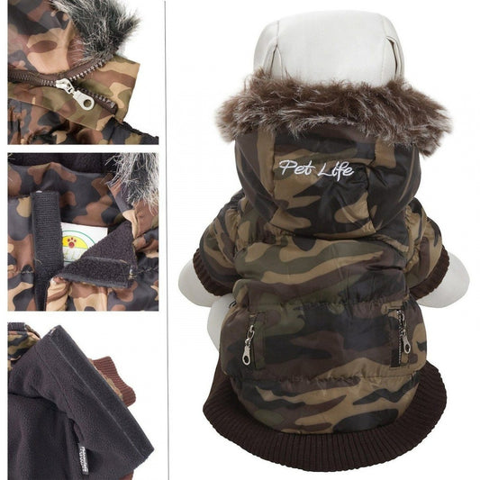 Pet Life Metallic Camouflage Fashion Parka Insulated Dog Coat with Removable Hood