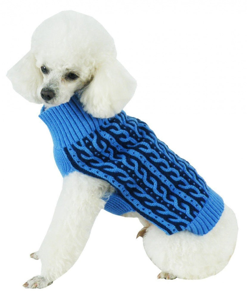 Pet Life Harmonious Dual Color Aqua Blue & Dark Blue Weaved Heavy Cable Knitted Dog Sweater