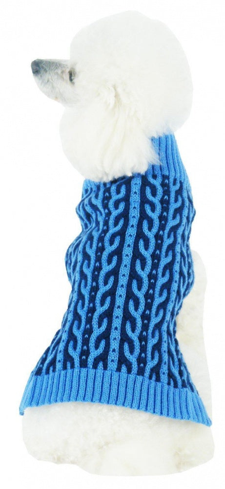 Pet Life Harmonious Dual Color Aqua Blue & Dark Blue Weaved Heavy Cable Knitted Dog Sweater