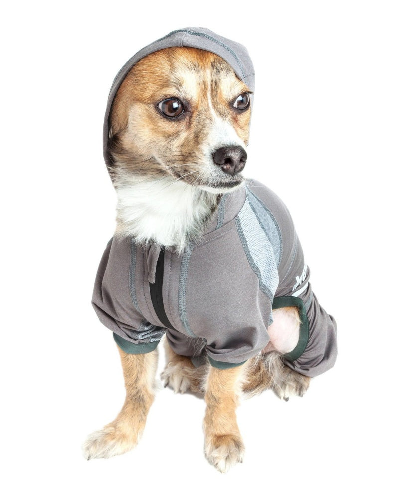 Pet Life Dog Helios Namastail Grey Full Bodied Performance Breathable Yoga Dog Hooded Tracksuit