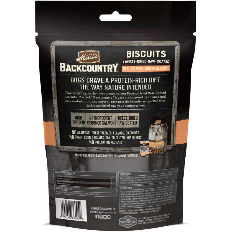 Merrick Backcountry Grain Free Salmon & Whitefish Recipe Freeze Dried Raw Coated Biscuit Dog Treats