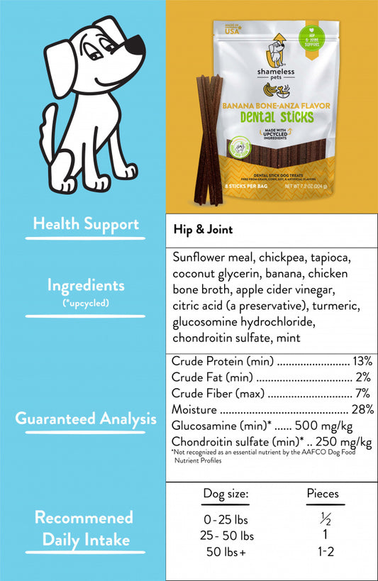 Shameless Pets Banana Bone-anza Dental Stick Dog Treats