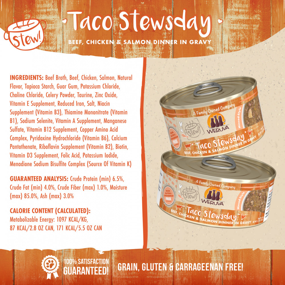 Weruva Classic Cat Stews! Taco Stewsday with Beef Chicken & Salmon in Gravy Canned Cat Food