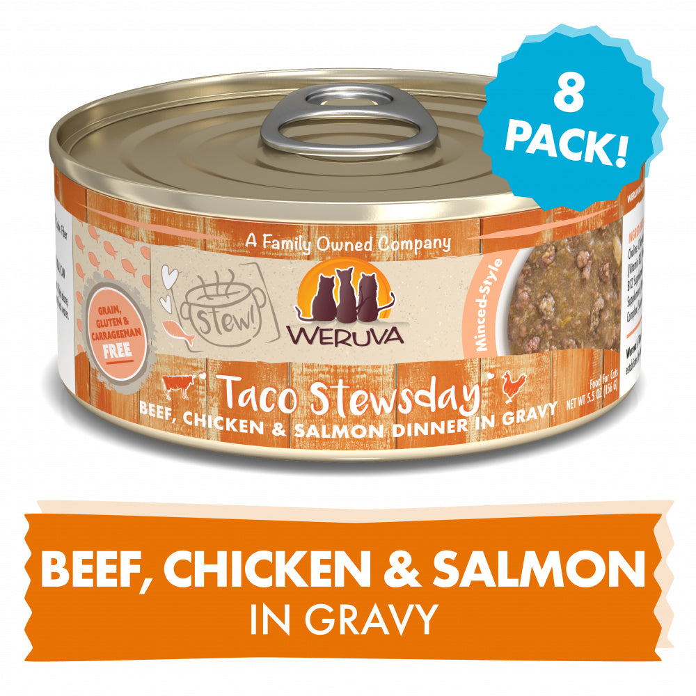 Weruva Classic Cat Stews! Taco Stewsday with Beef Chicken & Salmon in Gravy Canned Cat Food