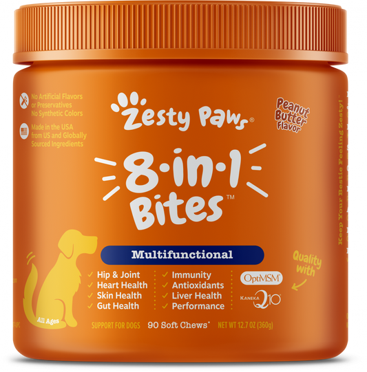 Zesty Paws 8-in-1 Multifunctional Vitamins Glucosamine Chondroitin & Probiotics Peanut Butter Flavor Soft Chews for Dogs