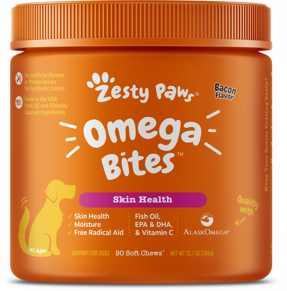 Zesty Paws Omega 3 Soft Chews for Skin Health Premium Fish Oil with EPA & DHA   Vitamin C Functional Bacon Flavor Dog Supplement