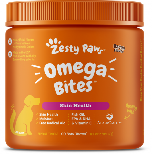Zesty Paws Omega 3 Soft Chews for Skin Health Premium Fish Oil with EPA & DHA Vitamin C Functional Bacon Flavor Dog Supplement